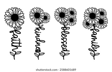 faith kindness blessed family, Boho Sunflower, Inspirational Quotes T shirt Design Graphic vector