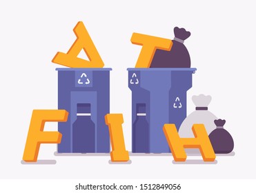 Faith letters put as rubbish into bin. Metaphor of lost trust or confidence, refusal to believe and accept, total rejection, crashed spiritual idea of religion. Vector flat style cartoon illustration