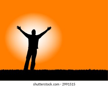 "Faith" Man with arms outstretched to a sunset sky, also available in jpg.
