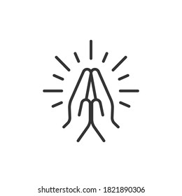 Faith, pray, religion icon, line style. Depicting two hands pressed together and fingers pointed up, folded hands is variously used as a gesture of prayer, thanks, request and greeting. Vector EPS 10