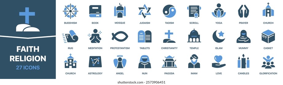 Faith and religion colored signed icon collection. Judaism, christianity, islam, taoism, church icons. UI icon set. Colored icons pack. Vector illustration EPS10