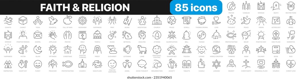 Faith and religion line icons collection. Christianity, buddhism, judaism, taoism, temple icons. UI icon set. Thin outline icons pack. Vector illustration EPS10