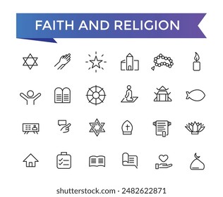 Faith And Religion Line Icons set with editable stroke collection for web and ui. Line icons pack. Vector illustration.