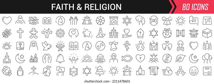 Faith and religion linear icons in black. Big UI icons collection in a flat design. Thin outline signs pack. Big set of icons for design