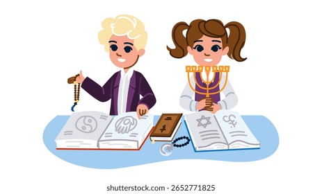 Religieuze studies Schoolonderwijs Vector. Rituele aanbidding, Geloofstraditie, Spiritualiteit Bedevaart Geloof Religieuze studies Schoolonderwijs Karakter. Mensen Platte cartoon illustratie