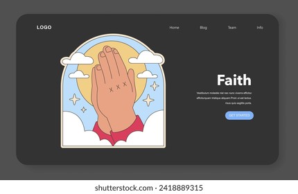 La fe simbolizada. Manos rezando agarradas frente a un telón de fondo radiante, encarnando esperanza y espiritualidad. Un testamento de oración y devoción. Ilustración vectorial plana.