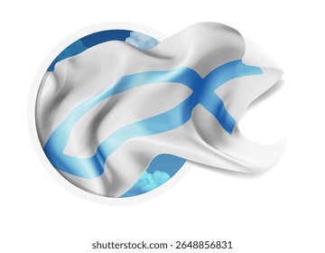 fé, vetor 3d bandeira contra um céu azul, através de um buraco redondo em um fundo branco