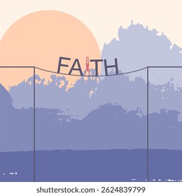 Palavra de fé em corda sobre uma lacuna. Ilustração do conceito de religião. Homem figura construída em palavra. Paisagem pintada com pincel