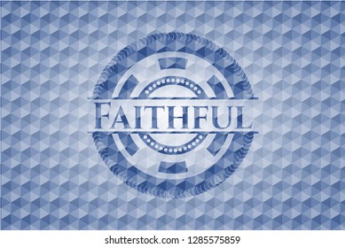 Faithful blue badge with geometric pattern.