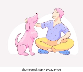 Faithful dog sits next to the owner. The man strokes the pet on the head. Cute flat vector illustration about friendship of human and domestic dog.
