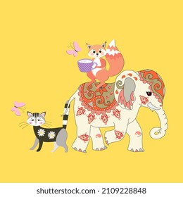 Faithful friends. Wonderful print for children's clothing, wallpapers. Cute cartoon elephant, squirrel, cat and butterflies on a sunny yellow background. Vector illustration.