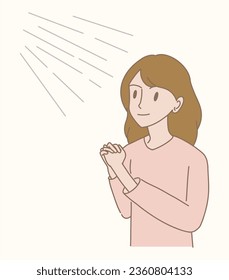 Faithful woman praying, wishing for good things. Religious girl keeping hands in prayer in church. Hand drawn flat cartoon character vector illustration.