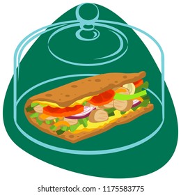 Fajita flatbread with tomatoes, chicken meat, onion and pepper under the glass cap on green background