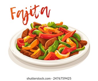 Fajita Icon Vector Illustration Isolated on White Background. Thin strips of meat and colorful bell peppers on a plate, popular Mexican dish. The flat design style makes this icon a versatile choice