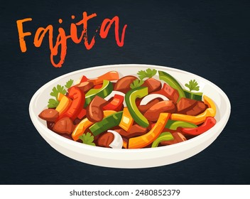 Fajita Icon Ilustración vectorial aislada en pizarra negra. Tiras delgadas de carne y pimientos coloridos en un plato, popular plato mexicano. El estilo de diseño plano hace de este icono una opción versátil