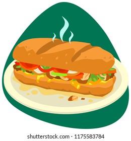 Fajita sandwich with French baguette, salad, tomatoes, onion and meat on round plate and green background