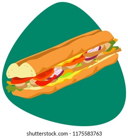 Fajita sandwich with white bread, salad, tomatoes, onion, and chicken meat on green background