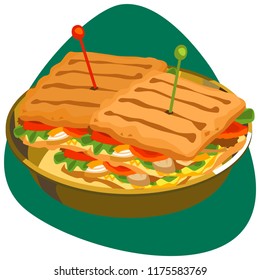 Fajita sandwiches with grilled bread, salad, tomatoes, onion, and chicken meat in golden dish on green background