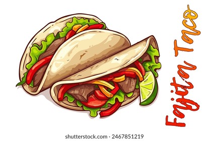 Fajita tacos delicious mexican food vector icon isolated on white background. Two cartoon fajita tacos illustration. The tacos are made with grilled meat, onions, and peppers wrapped in soft tortilla