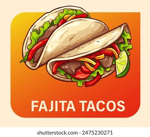 Fajita tacos delicious mexican food vector icon. Two cartoon fajita tacos illustration. The tacos are made with grilled meat, onions, and peppers wrapped in a soft tortilla 