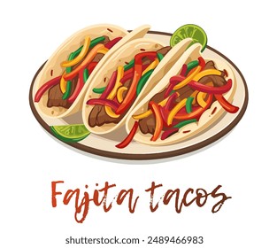 Fajita tacos deliciosa comida mexicana icono de Vector aislado sobre fondo blanco. Dos dibujos animados fajita tacos ilustración. Los tacos se hacen con carne a la parrilla, cebollas y pimientos envueltos en una tortilla suave