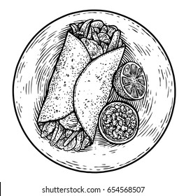 Fajitas Illustration, Drawing, Engraving, Ink, Line Art, Vector