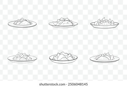 Fajitas Line Art Vector Set de plato tradicional mexicano con pimientos, cebollas y tortillas en un estilo minimalista único