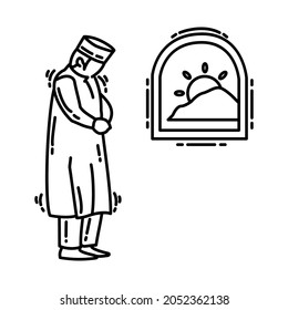 Fajr Dawn Prayer is Part of Muslim Worship Activity Hand Drawn Icon Set Vector.