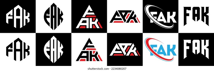 Diseño del logo de la carta FAK en seis estilos. polígono FAK, círculo, triángulo, hexágono, estilo plano y sencillo con el logotipo de la letra de variación en color blanco y negro en un tablero. Logo de FAK minimalista y clásico