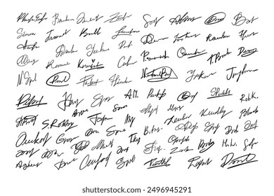 Fake autographs handwritten pen signatures documents. Hand signature templates, abstract autograph. Vector illustration