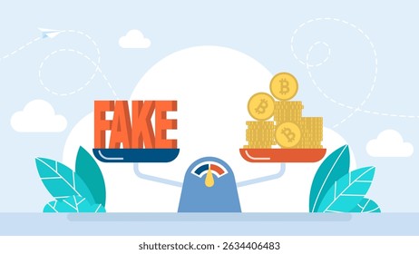 Fake and Bitcoins on the scales. Lies, fake news and money. Crypto, cryptocurrency, value, price. Vector illustration