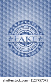 Fake blue emblem or badge with abstract geometric pattern background.