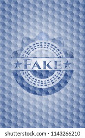 Fake blue emblem or badge with geometric pattern background.