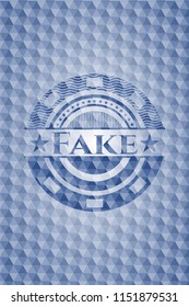 Fake blue emblem with geometric pattern.