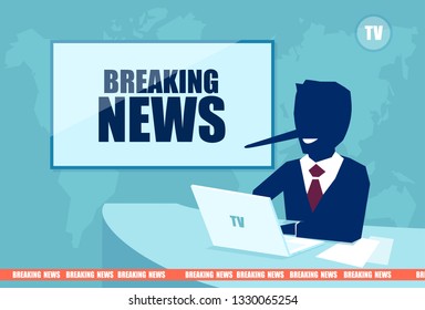 Fake and breaking news concept. Vector of a presenter with a long liar nose reporting false media information on television 