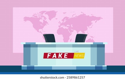 Fake breaking news flat vector illustration. TV studio interior. Television news program background.