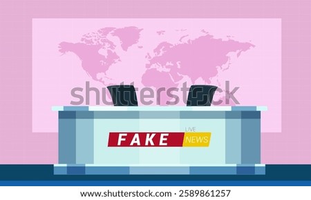 Fake breaking news flat vector illustration. TV studio interior. Television news program background.