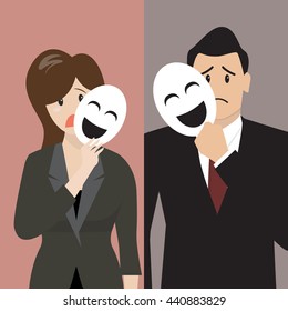 Fake business woman holding a smile mask. Metaphor concept