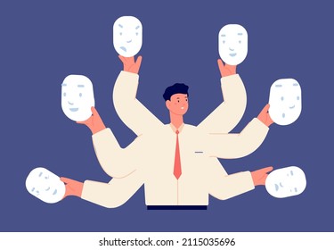 Fake businessman faces. Different mood, liar in business. Office manager choose moods and hold masks in hands, vector illustration
