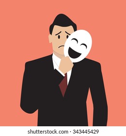 Fake Businessman Holding A Smile Mask. Vector Illustration