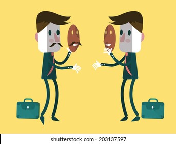 Fake businessmen wearing smile mask. Business concept. vector illustration