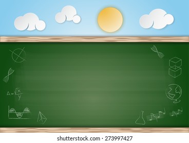Fake chalkboard with empty space and cloudy sky on background