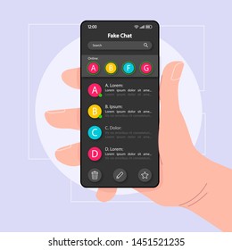 Fake Chat Smartphone Interface Vector Template. Mobile App Page Color Design Layout. Chatting Messages Screen. Flat UI For Application. Hand Holding Phone With False Conversation Maker On Display