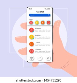 Fake Chatting Software Smartphone Interface Vector Template. Mobile App Page Color Design Layout. Texting To Users Screen. Flat UI For Application. Hand Holding Phone With False Messaging On Display