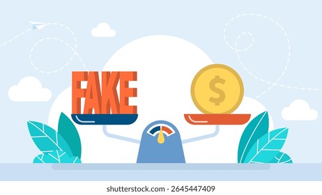 Falso e Moedas na balança. Mentiras, notícias falsas e dinheiro. O preço é falso, mentira, engano, manipulação, falsificação, falsidade. Ilustração vetorial