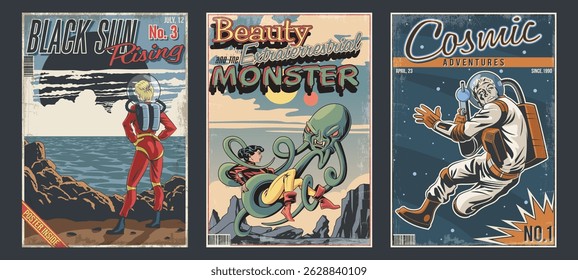 Fake Comics Covers, Retro Style Fantastic Space Comic Books Face Covers. Astronauts, Alien, Space. Vintage Colors, Aged Paper Textures