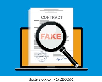 Fake contract with magnifying glass vector illustration