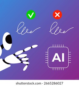 Fake digital sign. Digital counterfeits. Machine vision with ai robot. Flat vector illustration