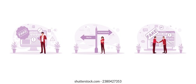 Fake disinformation technology. A call to expose untruths. Spreading false information. Fake News concept.  set modern vector flat illustration