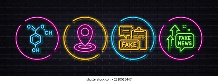 Fake document, Chemical formula and Location minimal line icons. Neon laser 3d lights. Fake news icons. For web, application, printing. Wrong truth, Chemistry, Map pointer. Wrong fact. Vector